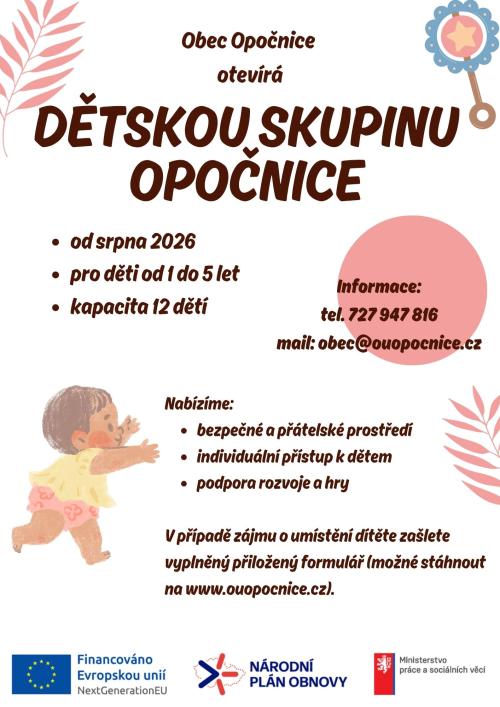 Obec Opočnice otevírá novou dětskou skupinu